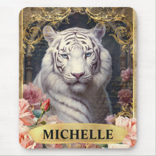 Aquarell Vintage Weißer Tiger und rosa Rosen Mousepad