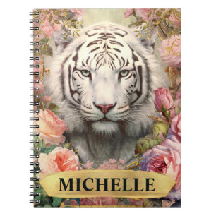 Aquarell Vintage Weißer Tiger und rosa Rosen Notizblock