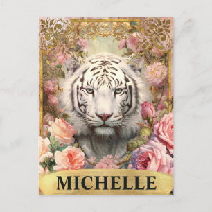 Aquarell Vintage Weißer Tiger und rosa Rosen Postkarte