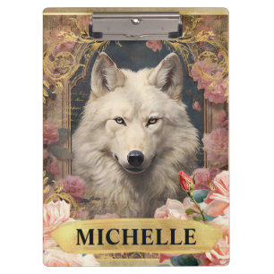 Aquarell Vintage Weißer Wolf und rosa Rosen Klemmbrett