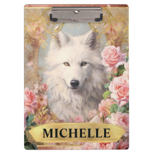 Aquarell Vintage Weißer Wolf und rosa Rosen Klemmbrett
