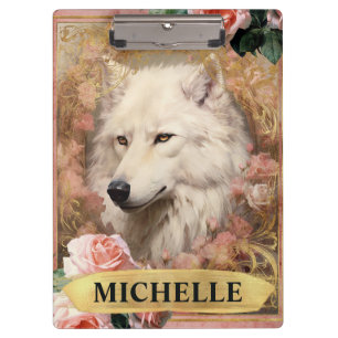 Aquarell Vintage Weißer Wolf und rosa Rosen Klemmbrett