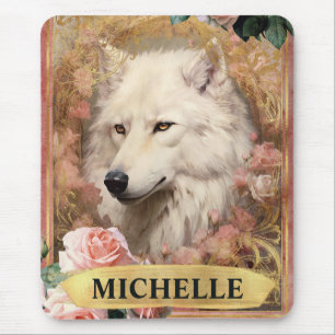 Aquarell Vintage Weißer Wolf und rosa Rosen Mousepad
