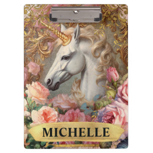 Aquarell-Vintage-Weißes Einhorn und rosa Rosen Klemmbrett