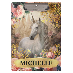 Aquarell-Vintage-Weißes Einhorn und rosa Rosen Klemmbrett
