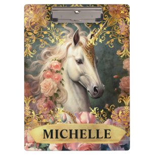 Aquarell Vintage Weißes Einhorn und rosa Rosen Klemmbrett