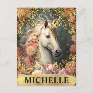 Aquarell-Vintage-Weißes Einhorn und rosa Rosen Postkarte