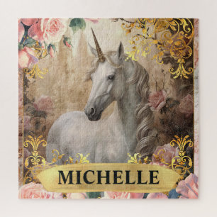 Aquarell-Vintage-Weißes Einhorn und rosa Rosen Puzzle