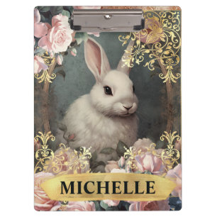 Aquarell-Vintage-Weißes Kaninchen und rosa Rosen Klemmbrett
