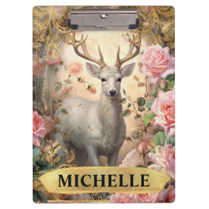 Aquarell Vintage-Weißhirsch und rosa Rosen Klemmbrett