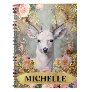 Aquarell Vintage-Weißhirsch und rosa Rosen Notizblock