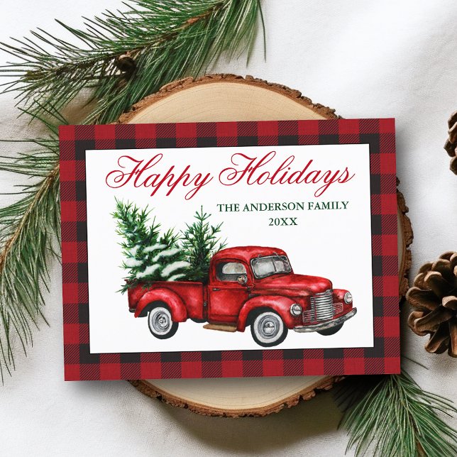 Aquarell Vintager roter LKW Kariert Happy Holidays Postkarte (Customize to change text style or text size.)