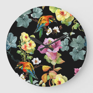 Aquarell-Vögel Blumen: Farbige Nahtlose. Große Wanduhr