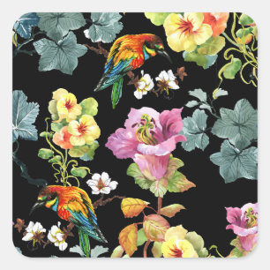 Aquarell-Vögel Blumen: Farbige Nahtlose. Quadratischer Aufkleber