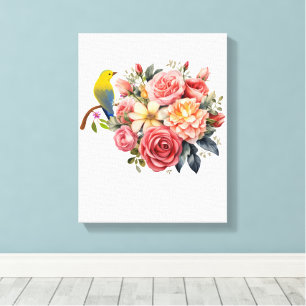 Aquarell-Vogel und rosa Blumen Leinwanddruck