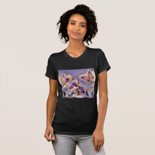 Aquarell von lila rosa Orchideenblüten im Vintage- T-Shirt