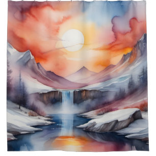 Aquarell von schneebedeckten Bergen unter dem Sonn Duschvorhang