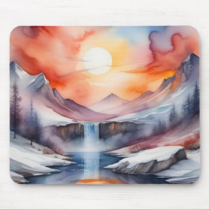 Aquarell von schneebedeckten Bergen unter dem Sonn Mousepad