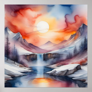 Aquarell von schneebedeckten Bergen unter dem Sonn Poster
