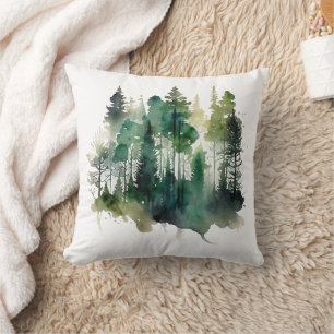 Aquarell-Wald-Bäume-Natur-Grün-Brauntöne Kissen