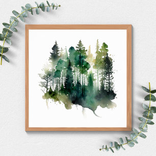 Aquarell-Wald-Bäume-Natur-Grün-Brauntöne Poster