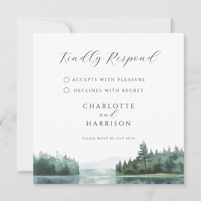 Aquarell-Wald-Bergsee-Hochzeit-RSVP (Vorderseite)