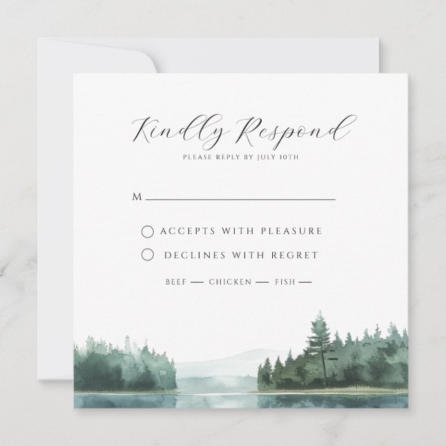 Aquarell-Wald-Bergsee-Hochzeit-RSVP (Vorderseite)