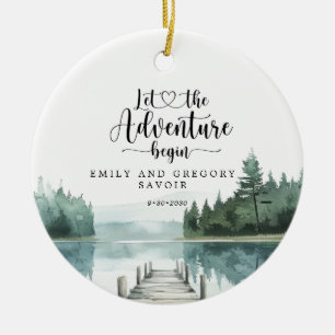Aquarell-Wald-Bergsee-Hochzeitsandenken Keramik Ornament