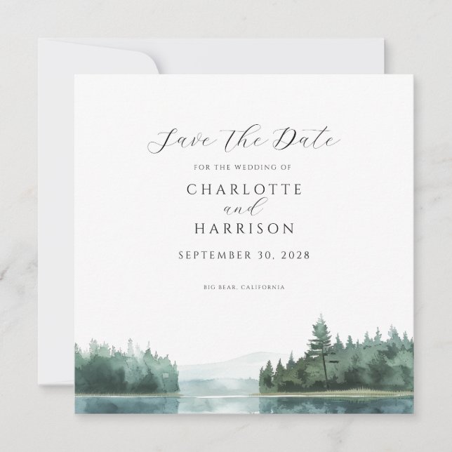 Aquarell Wald Bergsee Save the Date Einladung (Vorderseite)