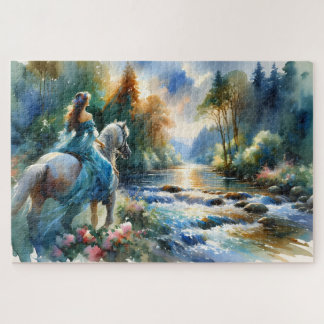 Aquarell-Wald-Fluss-Reiterin-Traumlandschaft Puzzle