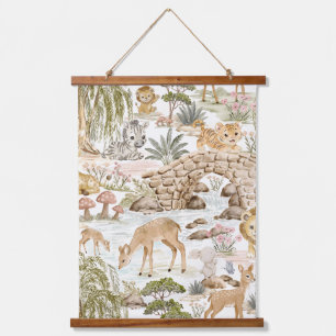 Aquarell-Wald-Safari-Tiere Wandteppich Mit Holzrahmen
