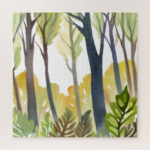 Aquarell-Wälder Grüne Natur-Waldmalerei Puzzle