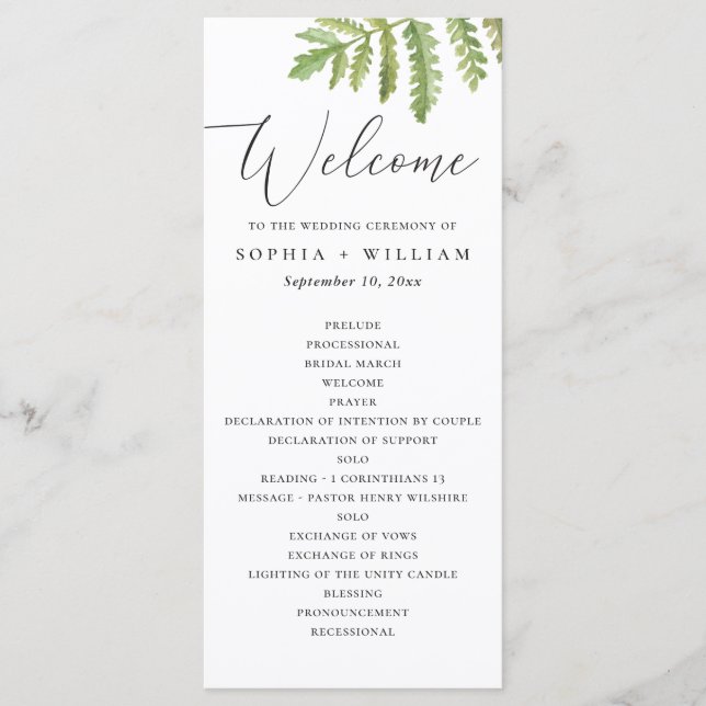 Aquarell-Waldgrünschrift-Hochzeit Programm (Vorderseite)