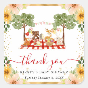 Aquarell-Waldtiere-Picknick-Baby-Party Quadratischer Aufkleber