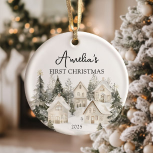 Aquarell Waldwald Bäume Erstes Weihnachten Keramik Ornament