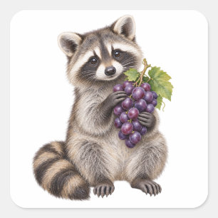 Aquarell-Waschbär mit lila Trauben Quadratischer Aufkleber