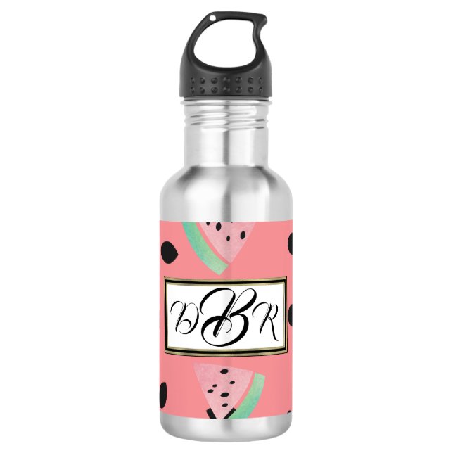 Aquarell-Wassermelone-Monogramm Edelstahlflasche (Vorderseite)