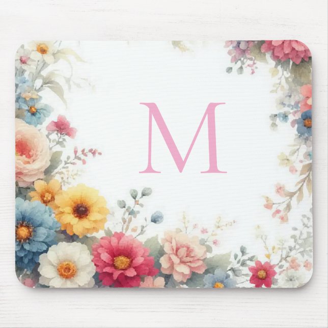 Aquarell Watercolor Floral Template Monogrammed Mousepad (Vorne)