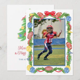 Aquarell-Weihnachten-Fußball-Girlande & Baum Foto Feiertagskarte