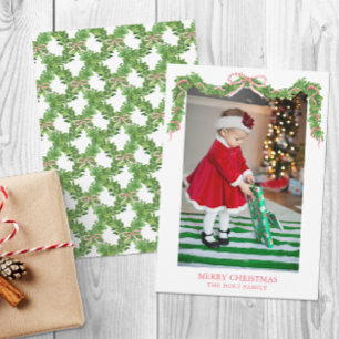 Aquarell-Weihnachten-Rot-gestreifte-Schleifen-Girl Feiertagskarte