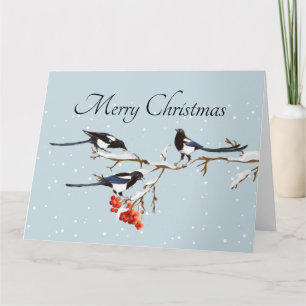 Aquarell-Weihnachten-Stechpalme-Elster-Vogel-Natur Karte