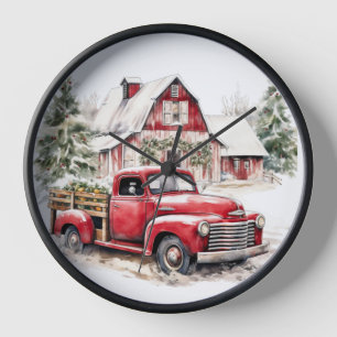 Aquarell-Weihnachten Vintage-LKW und Scheune Uhr