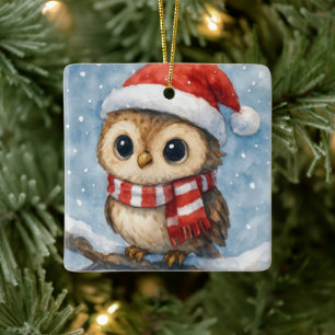 Aquarell-Weihnachts-Eule in Schneeflocken Keramikornament