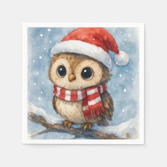 Aquarell-Weihnachts-Eule in Schneeflocken Serviette (Vorderseite)