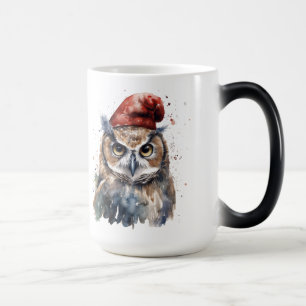 Aquarell-Weihnachts-Eule mit roter Santa-Mütze Verwandlungstasse