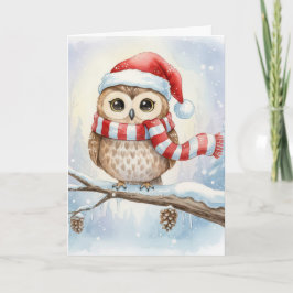 Aquarell-Weihnachts-Eule mit Santa-Hut Karte
