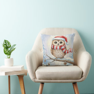 Aquarell-Weihnachts-Eule mit Santa-Hut Kissen