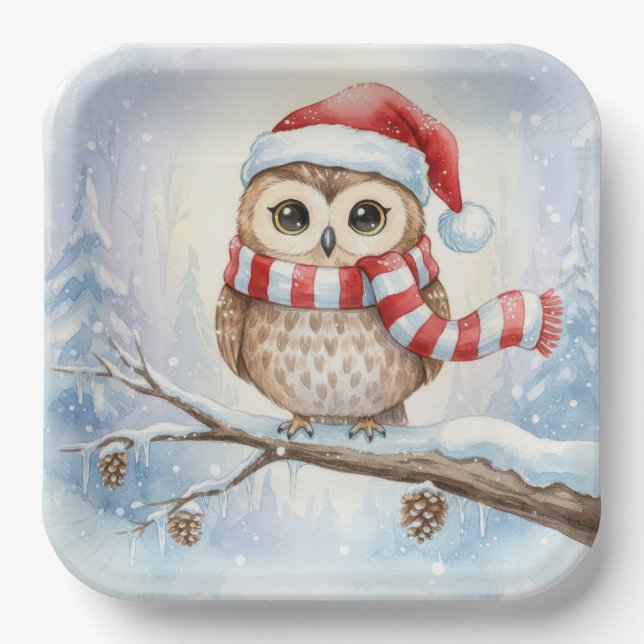 Aquarell-Weihnachts-Eule mit Santa-Hut Pappteller (Vorderseite)