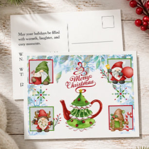 Aquarell-Weihnachts-Gnome und Feiertags-Teekanne Feiertagspostkarte