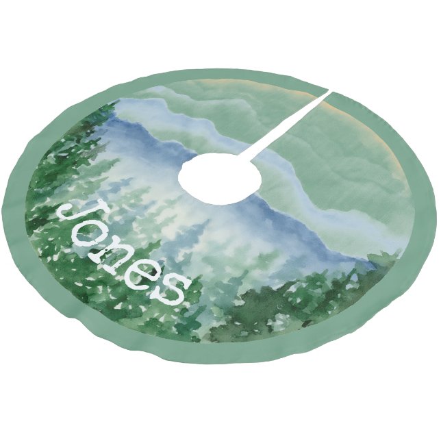 Aquarell-Weihnachts-Kiefern-Monogramm-Name  Polyester Weihnachtsbaumdecke (Schrägansicht)